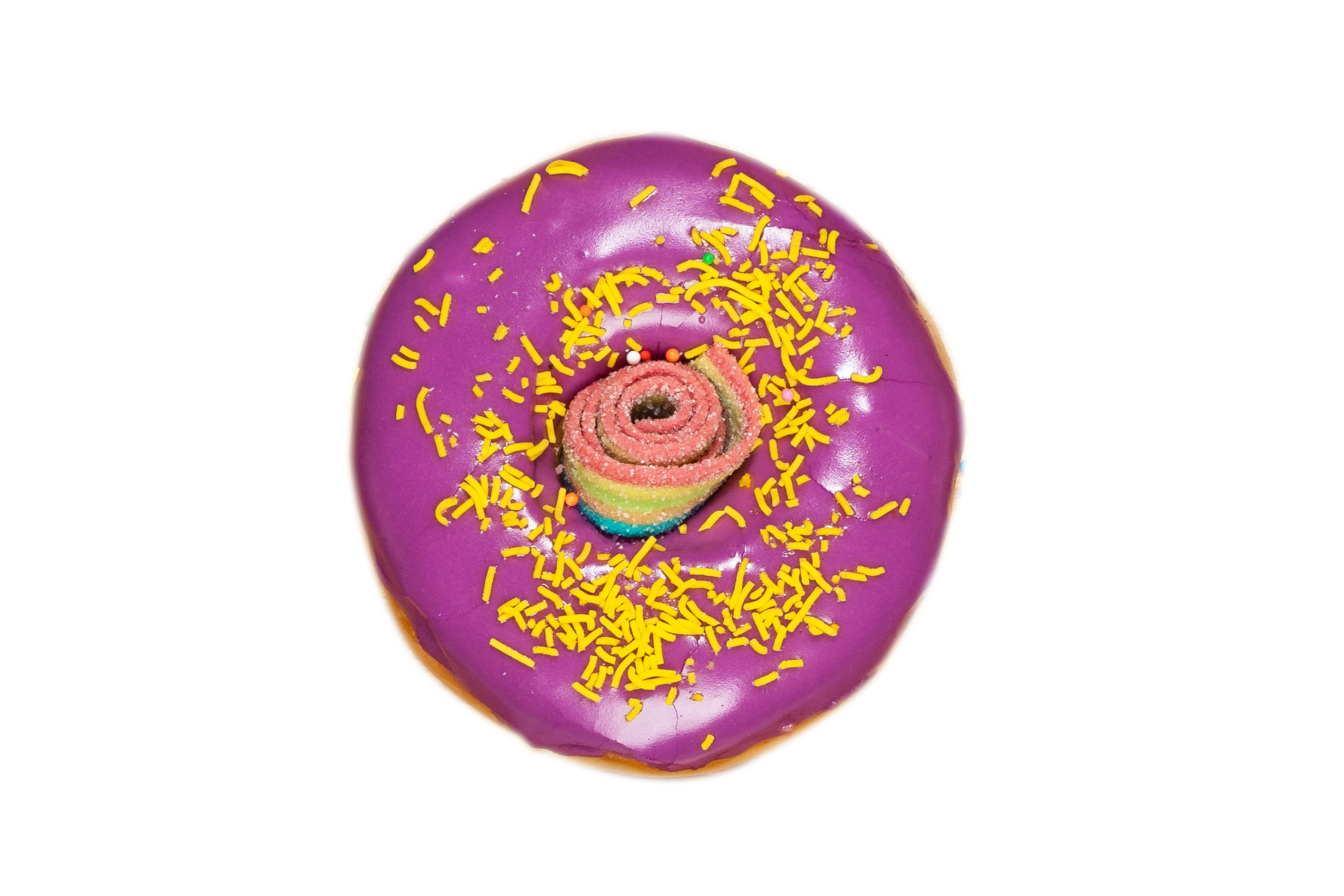 Purple donut with sprinkles.